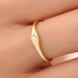 Star Setting Stacking Ring in 14K Solid Gold, Starburst Ring, Dainty Stackable Ring, Simple Delicate Ring, Simulated Diamond Ring, Dome Ring