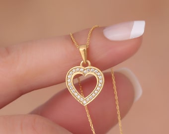 Gold Heart Necklace, 14K Solid Gold Open Heart Pendant, Dainty Minimalist Jewelry Gift for Her, Valentine’s Gift, Anniversary Gift