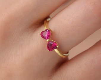 Double Heart Ruby Ring in 14K Solid Gold, Ruby Gemstone Ring, Red Heart Ruby Ring, Ruby Birthstone, Minimal Ruby Ring, July Birthstone Ring