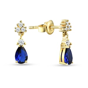 Pear Sapphire Stud Earrings With Diamonds, 14K Solid Gold Sapphire Earrings, September Birthstone Earrings, Dainty Sapphire Earrings,