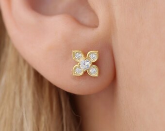 Diamantklöverörhängen i 14K massivt guld, blomörhängen, fina örhängen, prästkrageörhängen, klusterörhängen, enkel örhänge