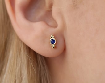 Round Sapphire Stud Earrings in 14K Solid Gold, Solitaire Stud Earring, Mini Gold Earrings, Single Stud, Minimal Stud, Tiny Gold Stud
