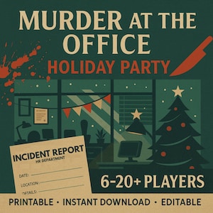 Könnte beinhalten: Ein Vintage-Poster mit dem Text "MORD IM BÜRO WEIHNACHTSFEIER". Die Szene zeigt ein Büro mit einem Weihnachtsbaum, einem Fenster und einem "VORFALLSBERICHT"-Formular. Das Poster ist für 6-20+ Spieler konzipiert und ist druckbar und editierbar.