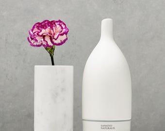 May include: A white essential oil diffuser and a marble vase with a pink and white carnation. The diffuser has the text "SANATIO NATURALIS". The items are on a marble tray against a grey background.