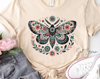 Boho Moth Graphic T-Shirt: Floral Butterfly Print, Unisex Fit, Gift