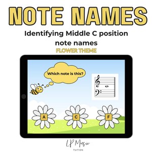 Boom Cards: Summer theme music note-naming piano music theory game - middle-C position