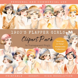 1920s Flapper Girl Clipart, Watercolor Women, Roaring 20s, 1920 invitation, Vintage Flapper, Great Gatsby, Paper Craft, Commercial, LV011
