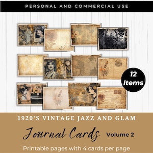 Anni '20 Vintage Jazz Glam Junk Journal Cards, Oggetti effimeri stampabili, Ragazze Flapper, Foglio di collage digitale, Mestieri di carta, Rottami, Ruggenti anni '20 LV003