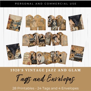 1920s Vintage Jazz Glam Junk Journal Tags & Umschläge, druckbare Ephemera, Flapper Girls, digitale Collage, Papiermodelle, Roaring 20s, LV003
