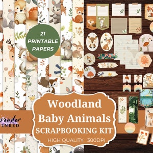 Kit di scrapbooking stampabile con cuccioli di animali del bosco, effimeri, carta digitale, pagine di diario, tagli elaborati, scrapbooking stampabile, cameretta dei bambini, stampe