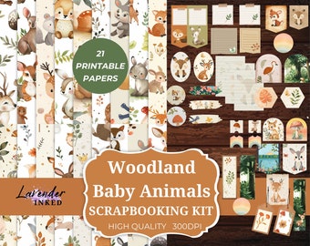 May include: A digital scrapbooking kit featuring 21 printable papers with woodland baby animals. The kit includes a variety of cute animals, including deer, rabbits, foxes, and squirrels. The papers are perfect for creating cards, scrapbook pages, and other crafts.