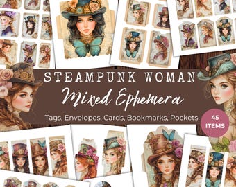 Steampunk Frau Ephemera, digital druckbare Ephemera, Taschen, Karten, Tags, Umschläge, Lesezeichen, Vintage Victorian, Collage Sheet, LV038