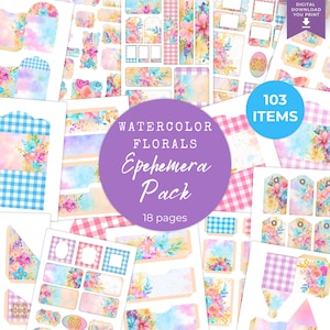 Kit de complément pour le journal des objets éphémères de fleurs aquarelles, étiquettes, étiquettes, cartes, folio numérique, pochettes, documents éphémères imprimables, feuille de collage, rêve