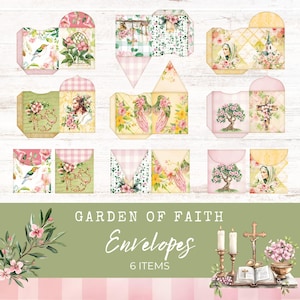 Può includere: Sei buste diverse con motivi floreali a tema giardino. Le buste sono decorate con immagini di uccelli, angeli, alberi e simboli religiosi. Il testo "Garden of Faith Envelopes 6 Items" è stampato nella parte inferiore dell'immagine.