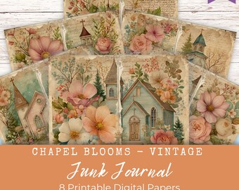 Chapel Blooms Faith Junk Journal Papers, Digital Journal Pages, Devotional, Prayer, Floral, Christian, Bible, Scripture, Printable, LV048