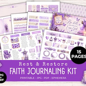 May include: A 15-page printable faith journaling kit featuring purple lavender floral designs, crosses, butterflies, and religious text including Be still and know that I am God. The kit contains ephemera, patterned papers, and journaling cards in JPG and PDF formats.