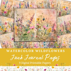 Documenti del diario spazzatura dei fiori di campo dell'acquerello, Pagina stampabile, Kit del diario della spazzatura dei fiori stravaganti, Pagine del diario della spazzatura, Foglio del collage digitale,