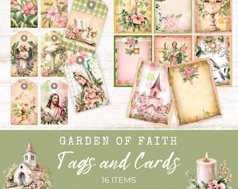 Faith and Flowers Junk Journal Tags & Cards, Prayer, Devotional, Religious, Spiritual, Printable Ephemera, Paper Craft, Collage, LV028
