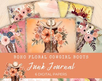 Boho Junk Journal, Floral, Cowgirl Boots, Junk Journal Paper, Digital Paper, 6 Journal Pages, Scrapbook, Paper Craft, Collage Sheet, LV027
