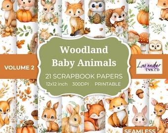 Woodland Baby Animals printable Scrapbook paper, ephemera, digital paper, junk journal pages, forest, nursery, seamless pattern, Volume 2