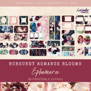Cartes éphémères de journal floral indésirable, luxe, vintage, rêve, or, bordeaux, romantisme, éphémères imprimables, créations en papier, feuille de collage, LV014