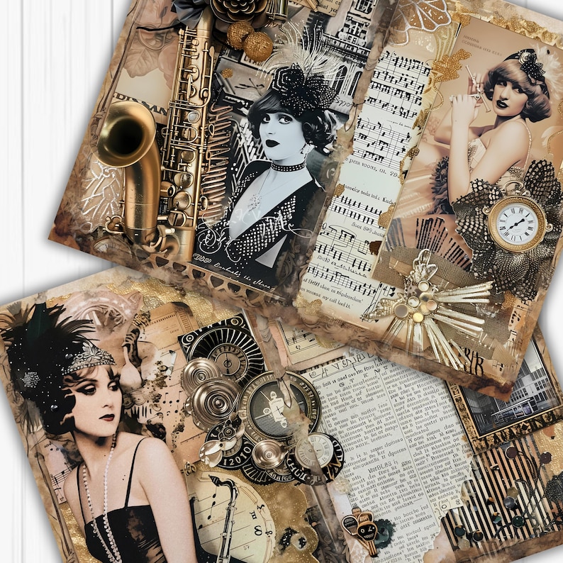 1920s Vintage Jazz Glam Junk Journal Paper, Black and Gold, Flapper ...