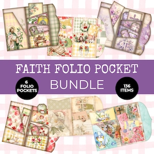 Puede incluir: Un paquete de bolsillos Faith Folio con 6 bolsillos y 136 artículos. Los bolsillos están decorados con imágenes florales y religiosas, incluyendo cruces, ángeles y santos. El fondo es un patrón de cuadros rosas y blancos.