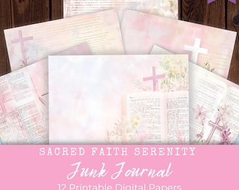 Sacred Faith Serenity Junk Journal Papers, Digital Journal Pages, Devotional, Prayer, Christian, Bible, Scripture, Printable, Background