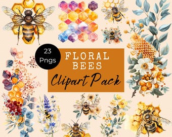 May include: A digital clipart pack of 23 floral bee illustrations. The bees are depicted in watercolor style with flowers, leaves, and honeycomb. The pack is printable and high resolution, with a 300 DPI resolution.