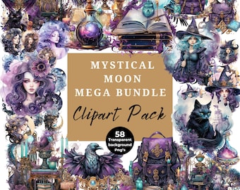 May include: A digital clipart collection featuring mystical themes in shades of purple and blue, including illustrations of owls, witches, black cats, ravens, potion bottles, books, and backpacks. The central text reads MYSTICAL MOON MEGA BUNDLE Clipart Pack.