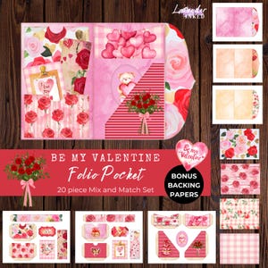 Diário de Junk Valentine Folio Printables, Ephemera, Folio Digital, Papel Artesanal, Folha de Colagem, Amor, Bolsos, Cartões, Rosas, Corações, LV037