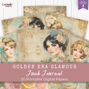 Papel de diario basura glamuroso de la época dorada, años 20, chicas flapper, locos años 20, art déco, glamour Gatsby, páginas de diario, imprimible digital, collage