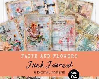 Faith Junk Journal Papers, Digital Journal Pages, Devotional, Prayer, Christian, Religious, Bible, Floral, Printable, Collage Sheet, LV015