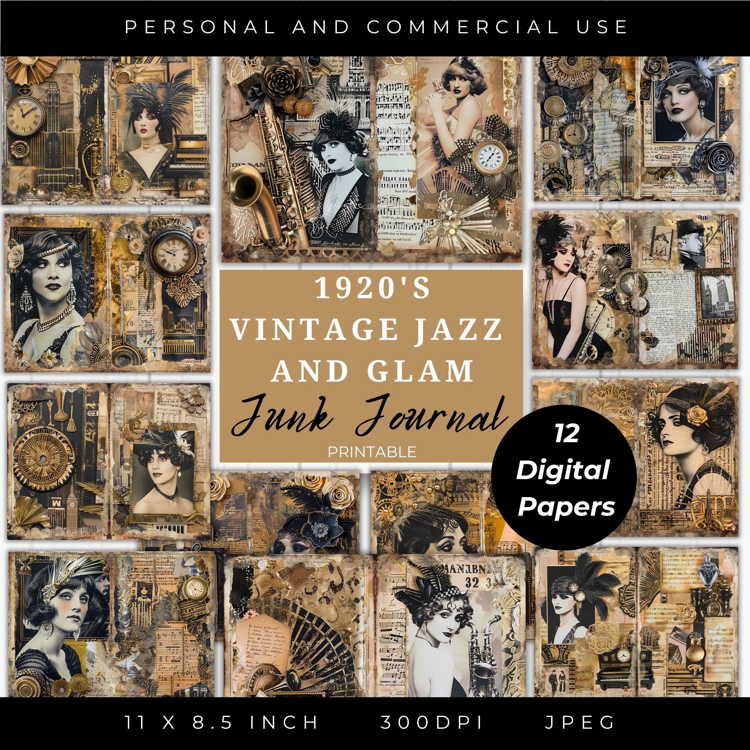 1920s Vintage Jazz Glam Junk Journal Paper, Black and Gold, Flapper Girls, Digital Collage, Printable Crafts, Roaring 20s, Mixed media LV003