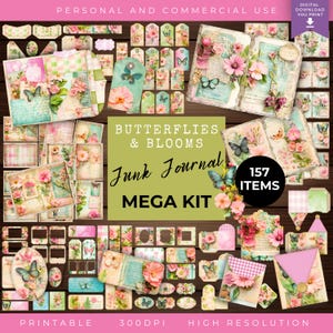 Butterflies & Blooms Junk Journal Kit, Junk Journal Papers, Pages, Printable Ephemera, Digital Folio, Tags, Envelopes, Cards, LV041