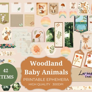 Woodland Baby Animals efímera imprimible, papel digital, etiquetas, cortes exigentes, paquete de chatarra, diario basura, collage, Scrapbook Kit, guardería, LV002