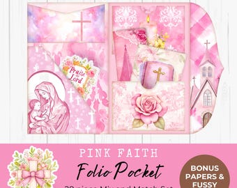 Pink Faith Junk Journal Folio Printable, Folio Pocket, Ephemera, Prayer, Christian, Devotional, Digital Folio, Scripture Printable, Trifold