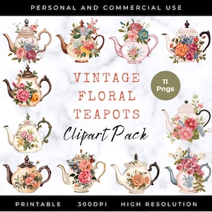 Vintage Floral Teapot Clipart, Invitation Clipart, Bridal Shower, Shabby Chic, Tea Party Clipart, Junk Journal, Scrapbooking, Commercial Use