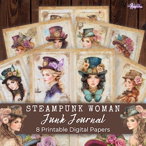 Steampunk Woman Junk Journal digitaal papier, dagboekpagina's, vintage Victoriaans, afdrukbare ephemera, mechanisch plakboek, collageblad, LV038