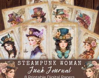 Steampunk Woman Junk Journal Digital Paper, Journal Pages, Vintage Victorian, Printable Ephemera, Mechanical Scrapbook, Collage Sheet, LV038