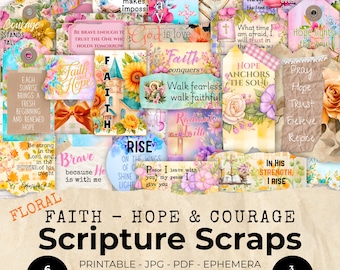 Scripture Scraps, Prayer Board Kit, Faith Junk Journal, Bible Journal, Scrapbook, Printable Ephemera, Floral, Fussy Cuts, Colorful, Digital