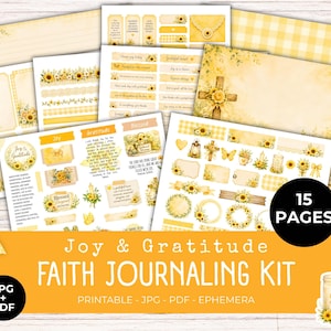 Op de afbeelding: Een 15-pagina tellende faith journaling kit met gele zonnebloemmotieven, gingham patronen en religieuze symbolen. De printbare set bevat ephemera, decoratieve randen en tekstelementen met de woorden Joy & Gratitude, JPG + PDF en 15 PAGES.