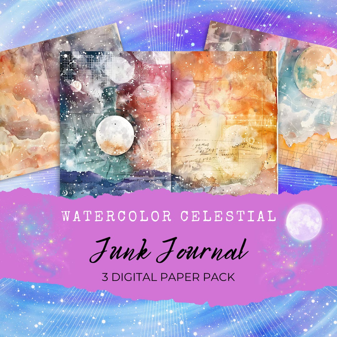 Watercolor Celestial Junk Journal Papers, Digital Journal Pages, Moon ...