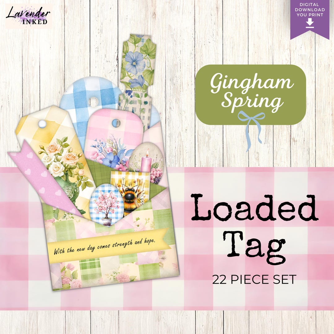 Loaded Tag Printable, Gingham Spring, Junk Journal Folio, Ephemera ...