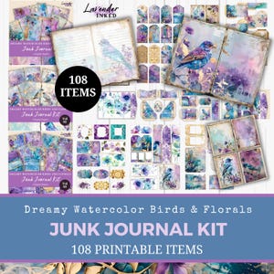 Kit de diário Bluebird Junk, páginas de diário, itens efêmeros para impressão, papéis digitais, etiquetas, fólio, envelopes, cartões, floral, azul e roxo, LV001