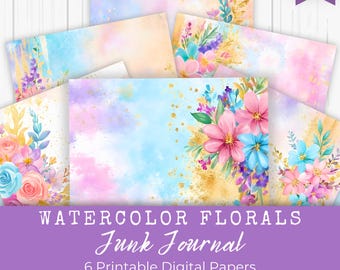 Watercolor Floral Junk Journal Paper, Pastel Digital Scrapbook Page, Dreamy, Background, Pink Blue Purple, Printable Paper, Digital Download