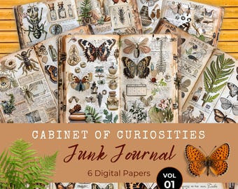 Cabinet Of Curiosities Junk Journal Kit, Botanical, Science, Butterflies, Explorer Scrapbook, Printable, Digital Paper, Journal Pages, LV013