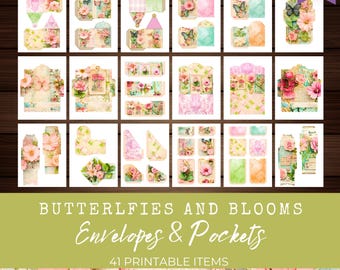 Efímeras para diario basura con mariposas y flores, efímeras imprimibles, etiquetas para diario, tarjetas para diario, álbumes de recortes, manualidades con papel, etiquetas florales, LV041