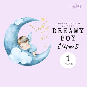 Verträumter Junge Clipart Aquarell, EINZELBILD, kommerzielle Lizenz, transparentes Png, Baby, Mond, Kinderzimmer, Einladung, bedruckbar, digitale Kunst