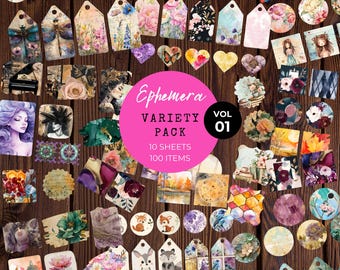 Ephemera Pack, Junk Journal, Junk Journal Pages, Scrapbooking, Tags, Printable Ephemera, Digital Download, Collage Sheet, Paper Craft, LV016